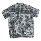Womens Black & Grey Graphic Print Polyester Shirt M Button Collar Short Sleeve