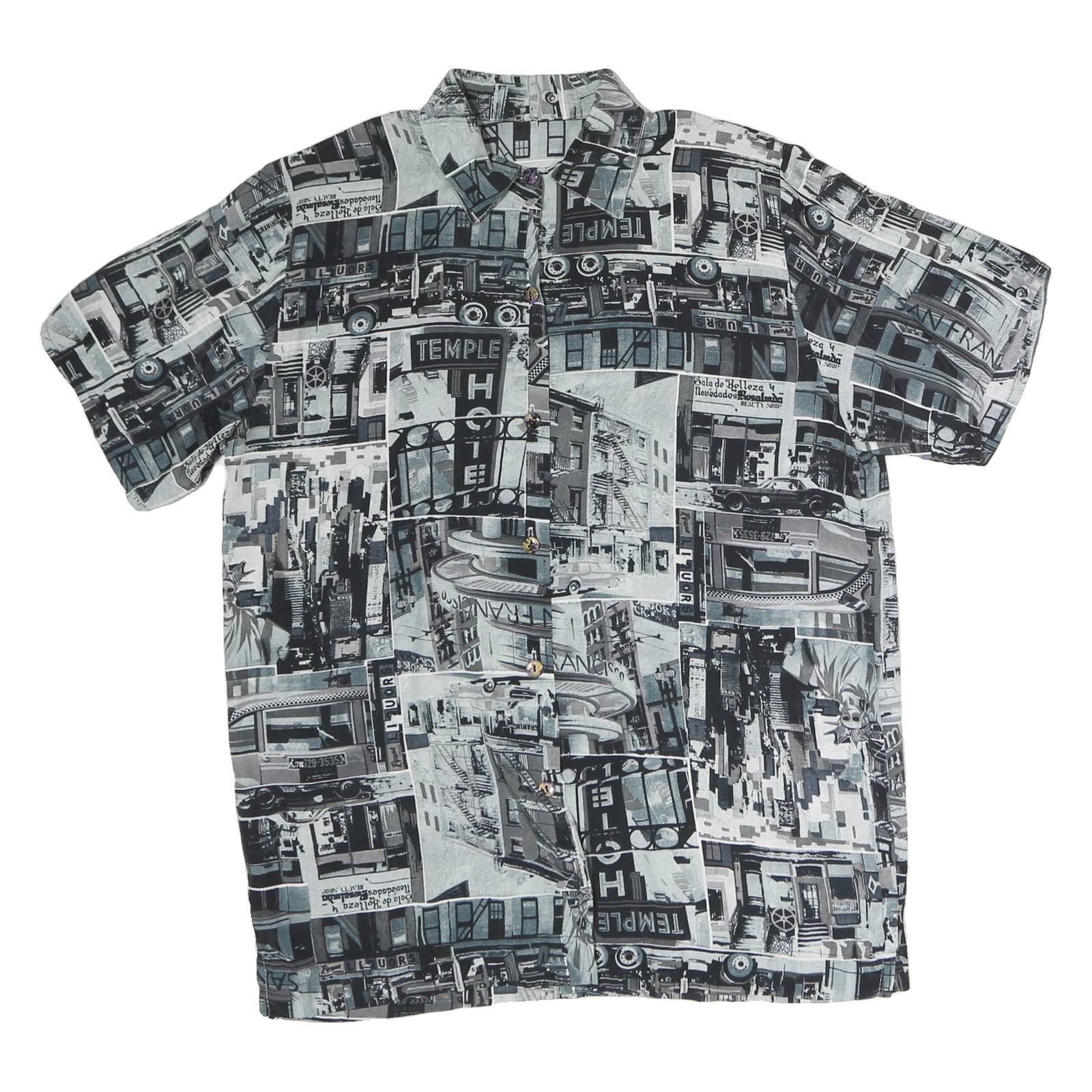 Womens Black & Grey Graphic Print Polyester Shirt M Button Collar Short Sleeve