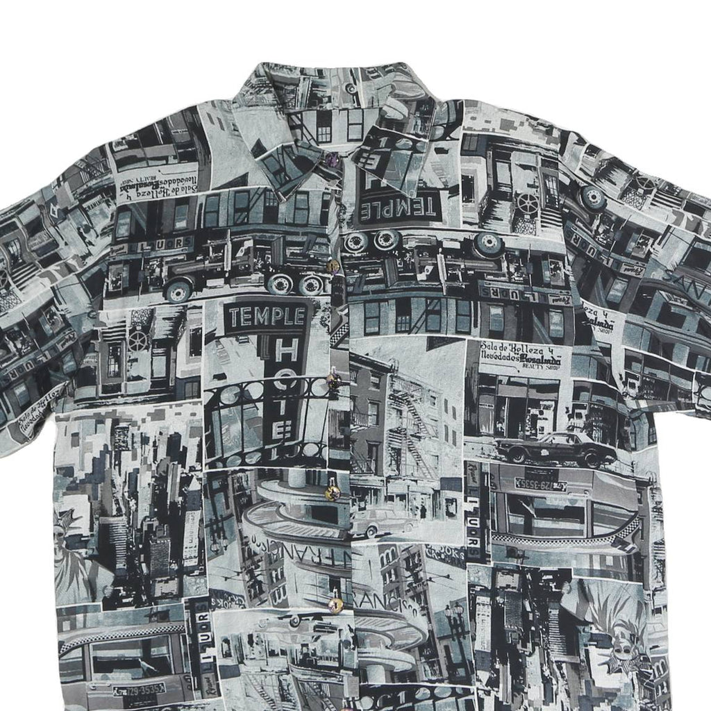 Womens Black & Grey Graphic Print Polyester Shirt M Button Collar Short Sleeve