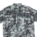 Womens Black & Grey Graphic Print Polyester Shirt M Button Collar Short Sleeve