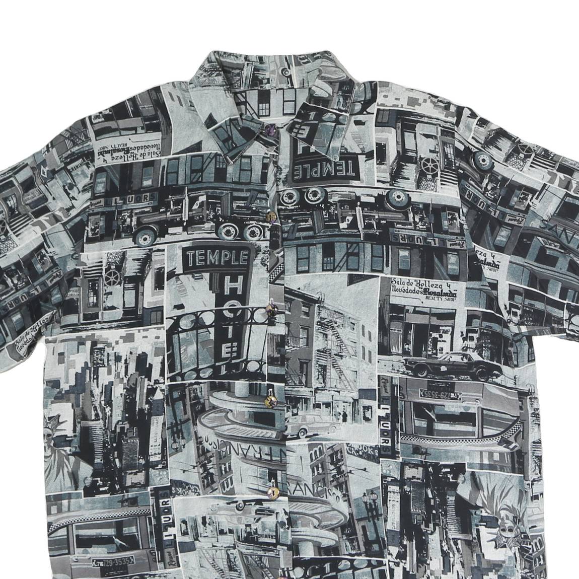 Womens Black & Grey Graphic Print Polyester Shirt M Button Collar Short Sleeve