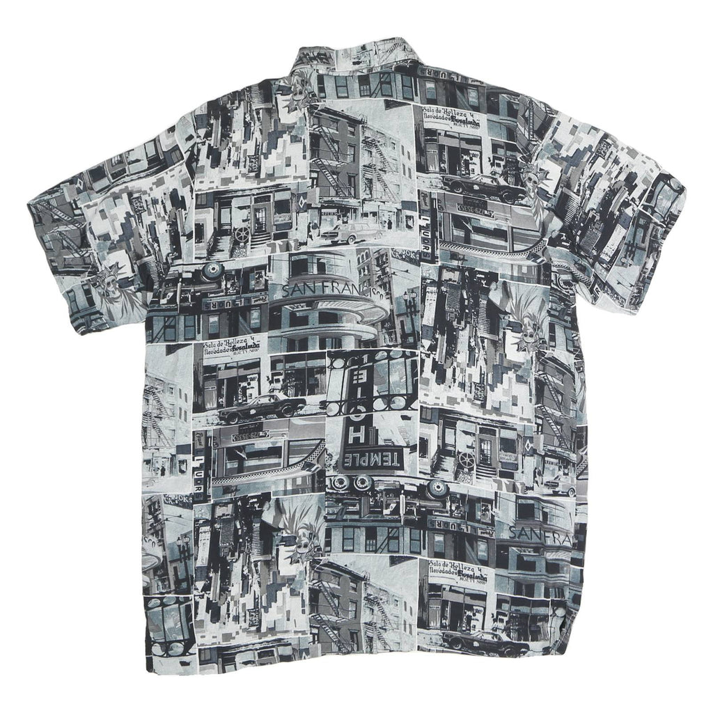 Womens Black & Grey Graphic Print Polyester Shirt M Button Collar Short Sleeve