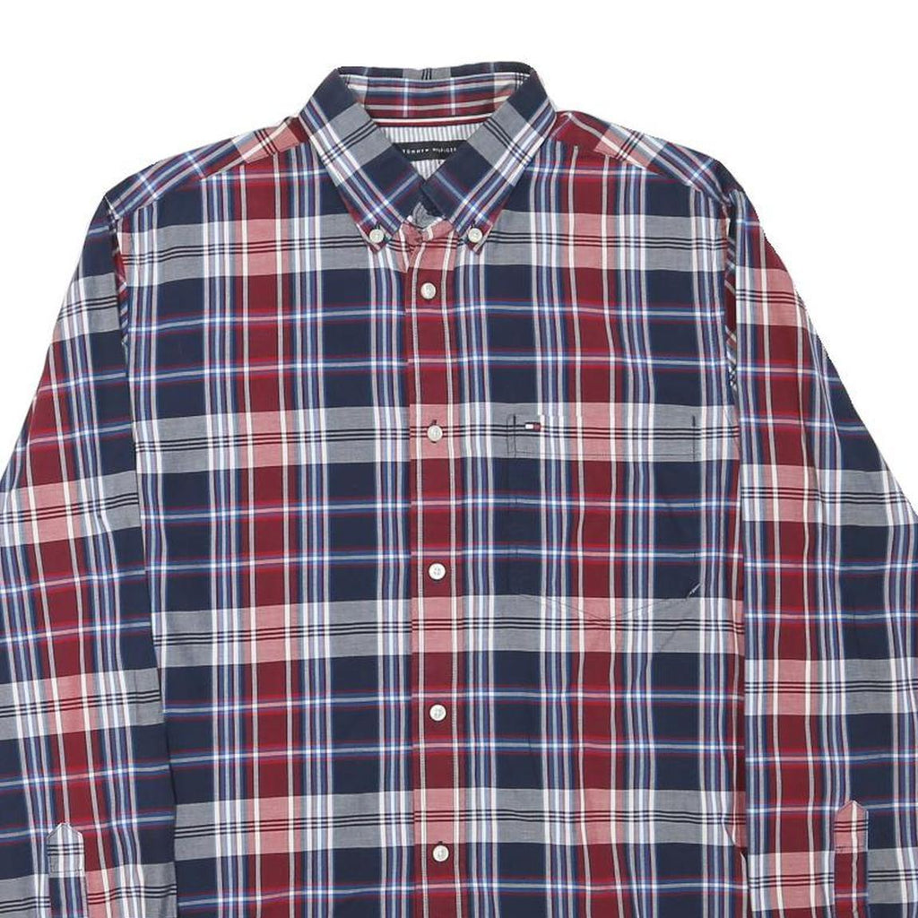 TOMMY HILFIGER Mens Blue & Maroon Check Shirt S Cotton Blend Classic Button-Down