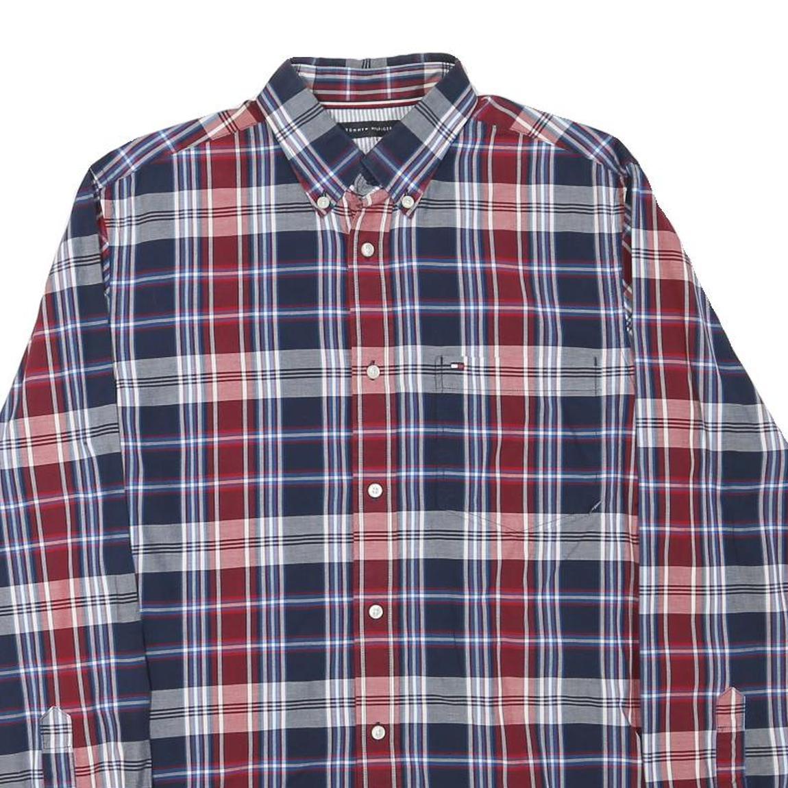 TOMMY HILFIGER Mens Blue & Maroon Check Shirt S Cotton Blend Classic Button-Down