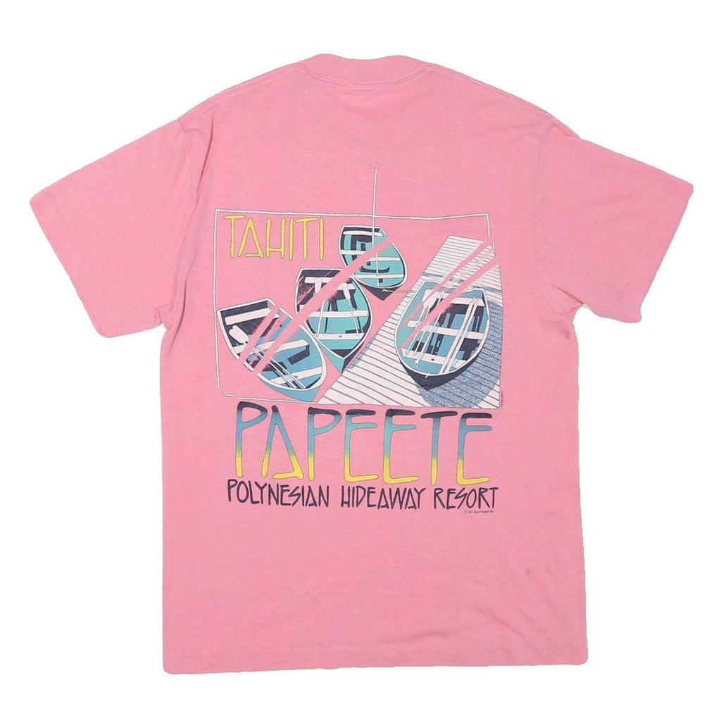 SUN Womens Pink & Blue Papeete Graphic T-Shirt L Short Sleeve Crew Neck Summer