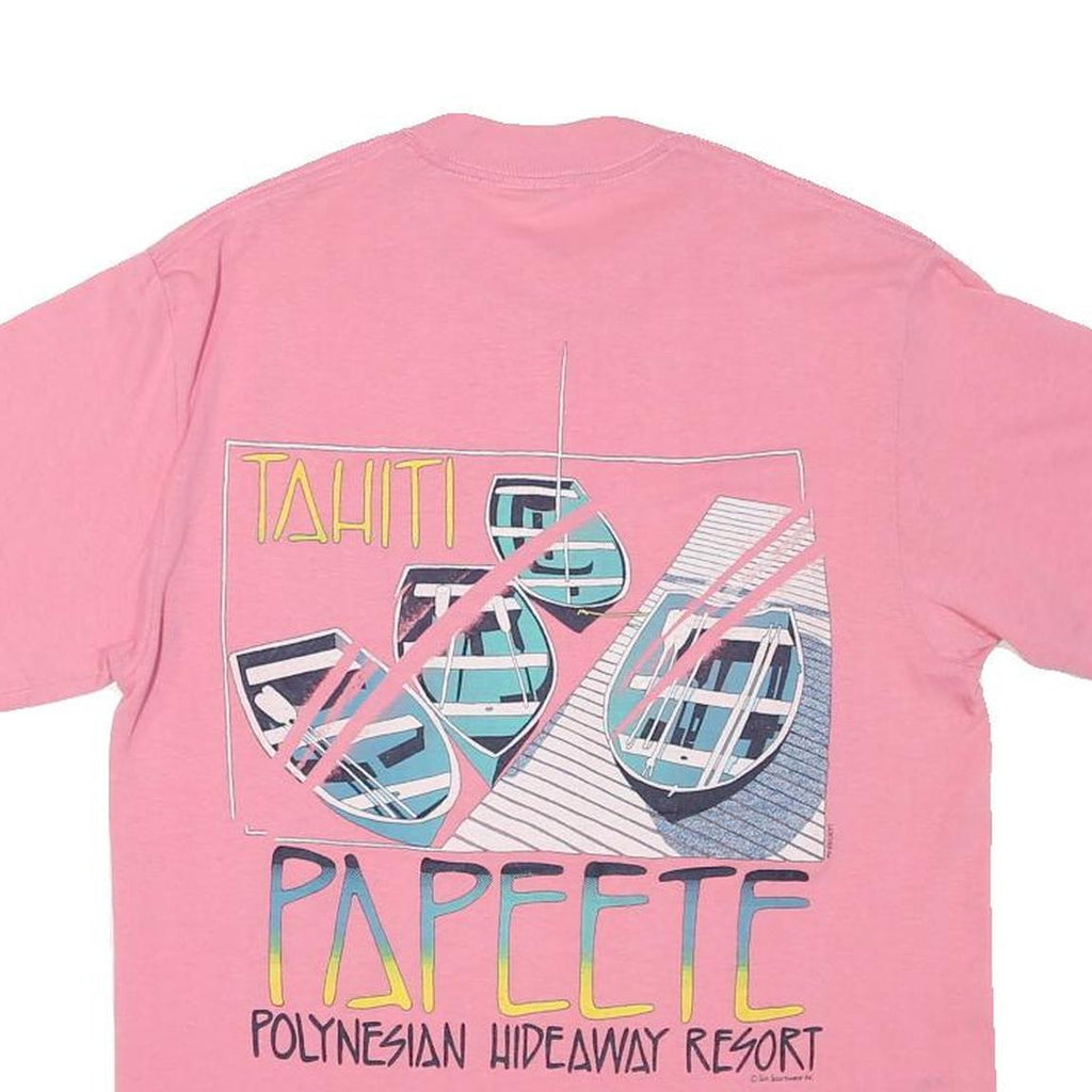SUN Womens Pink & Blue Papeete Graphic T-Shirt L Short Sleeve Crew Neck Summer