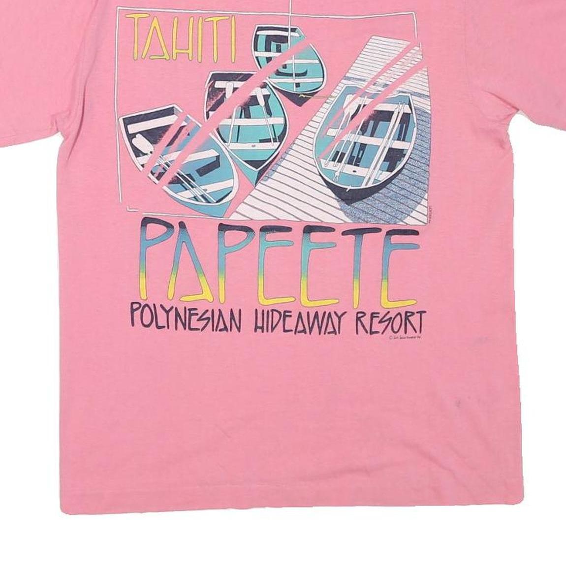 SUN Womens Pink & Blue Papeete Graphic T-Shirt L Short Sleeve Crew Neck Summer