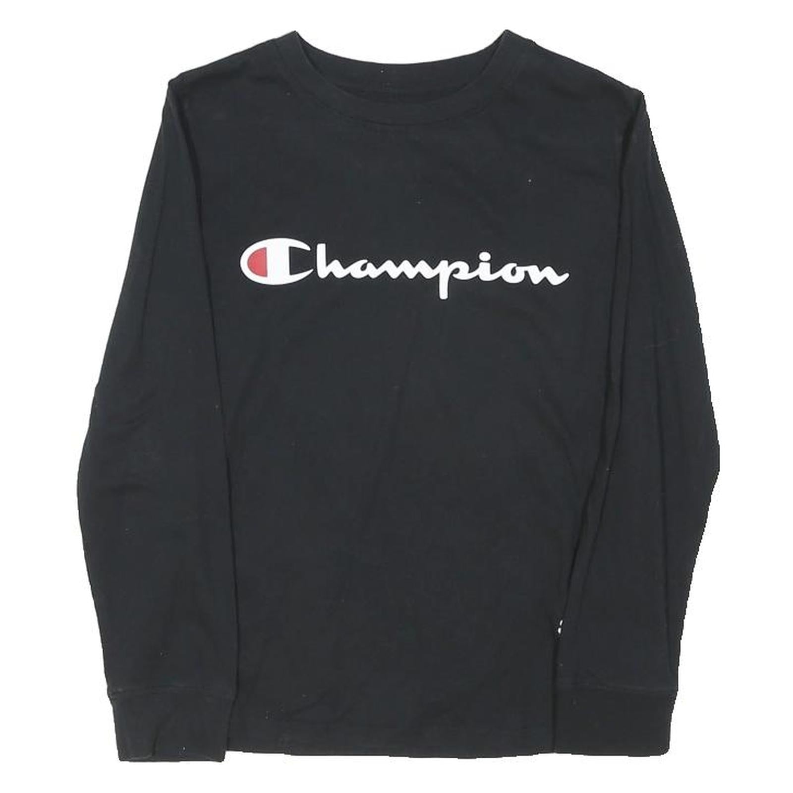 CHAMPION Boys Black Long Sleeve Crew Neck Cotton Blend T-Shirt 11-12Y Logo Print