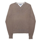 TOMMY HILFIGER Mens Brown Plain V-Neck Basic Knit S Cotton Jumper Casual