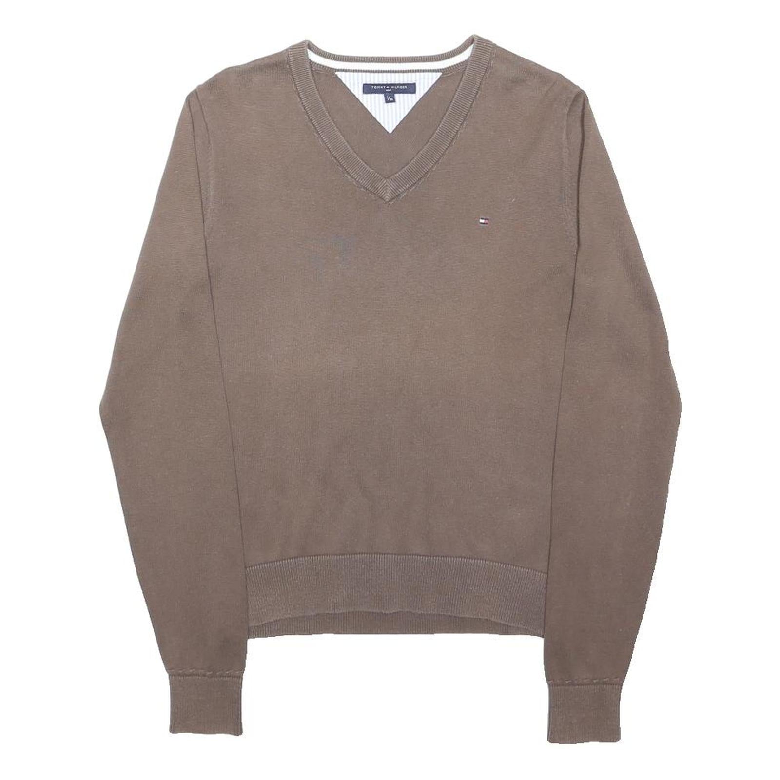TOMMY HILFIGER Mens Brown Plain V-Neck Basic Knit S Cotton Jumper Casual