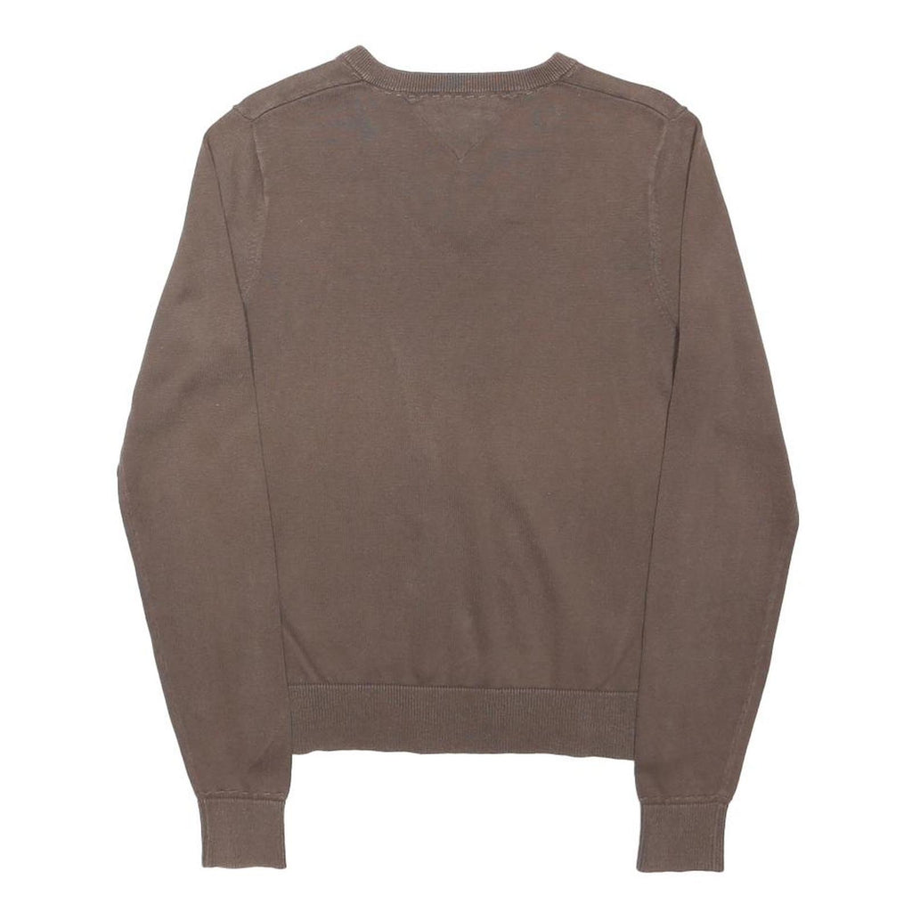 TOMMY HILFIGER Mens Brown Plain V-Neck Basic Knit S Cotton Jumper Casual
