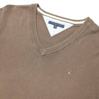 TOMMY HILFIGER Mens Brown Plain V-Neck Basic Knit S Cotton Jumper Casual