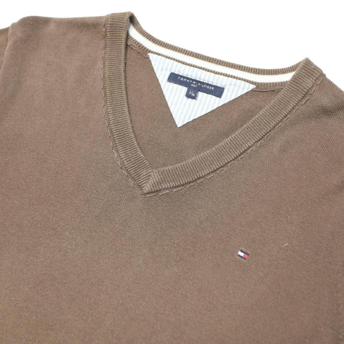TOMMY HILFIGER Mens Brown Plain V-Neck Basic Knit S Cotton Jumper Casual