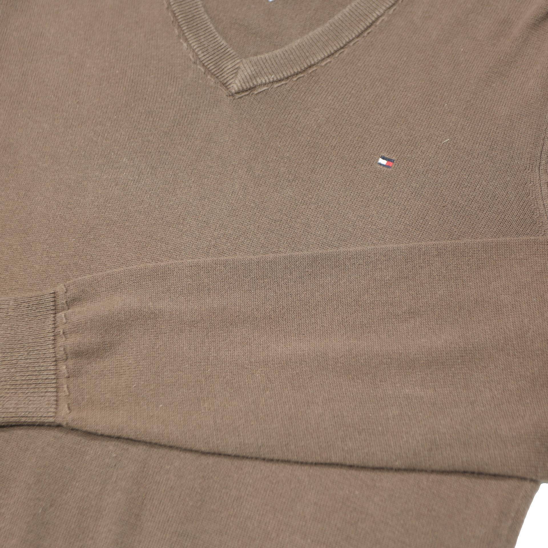 TOMMY HILFIGER Mens Brown Plain V-Neck Basic Knit S Cotton Jumper Casual
