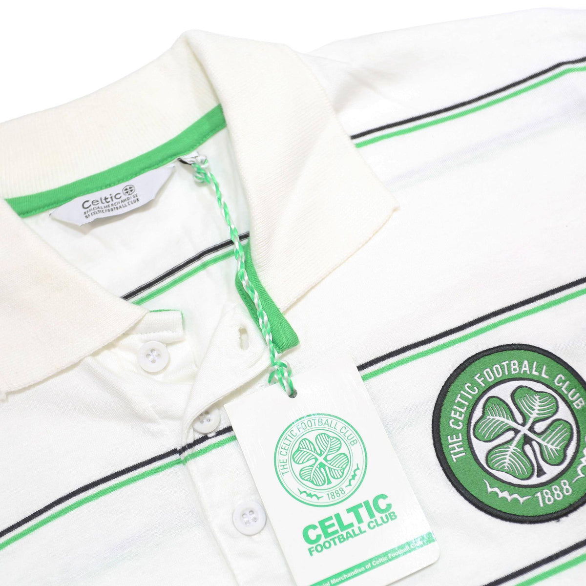 CELTIC FOOTBALL CLUB Mens White Green Striped Short Sleeve Polo Shirt M