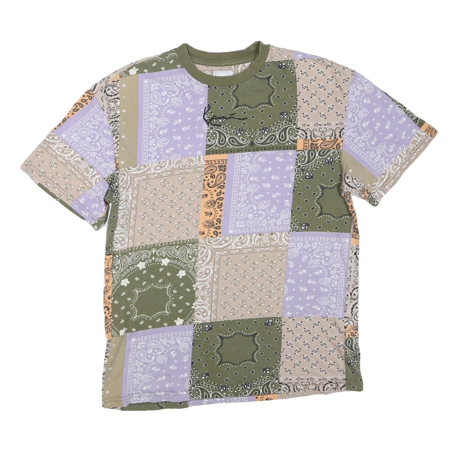 KARL KANI Mens Green & Lilac Patchwork Bandana Print T-Shirt S Short Sleeve Crew