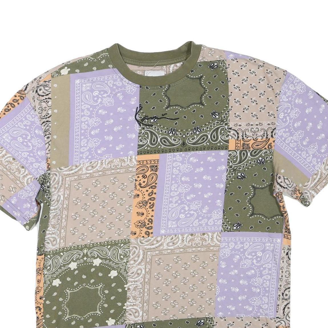 KARL KANI Mens Green & Lilac Patchwork Bandana Print T-Shirt S Short Sleeve Crew