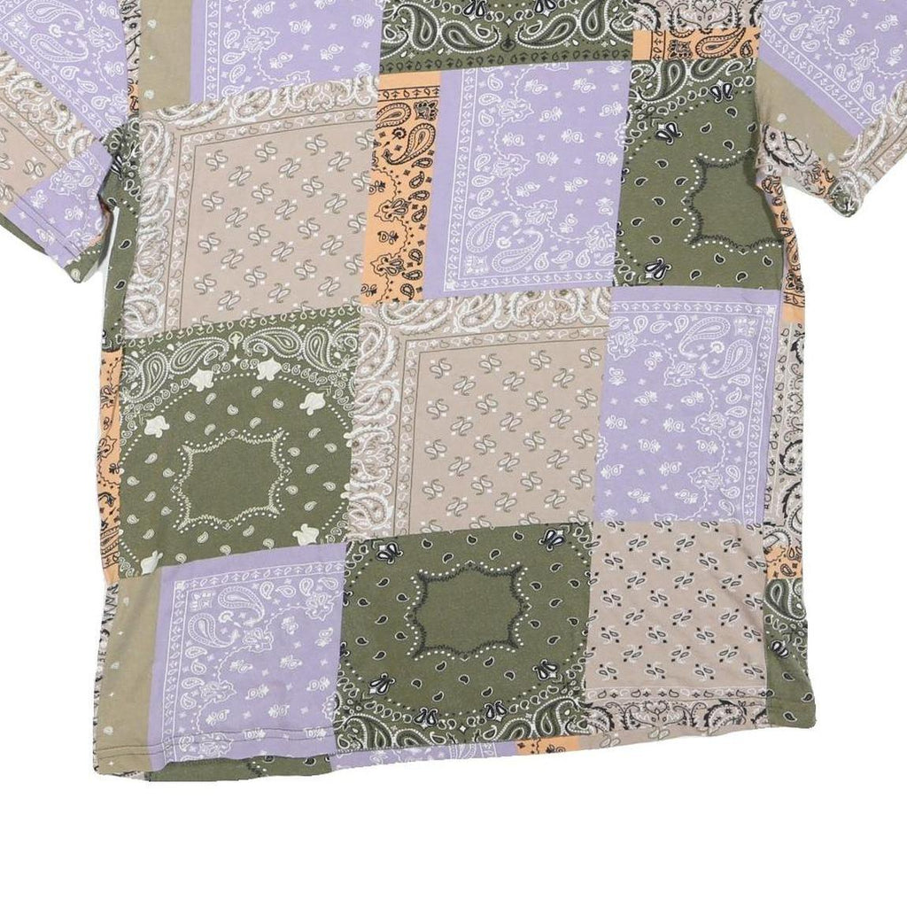 KARL KANI Mens Green & Lilac Patchwork Bandana Print T-Shirt S Short Sleeve Crew
