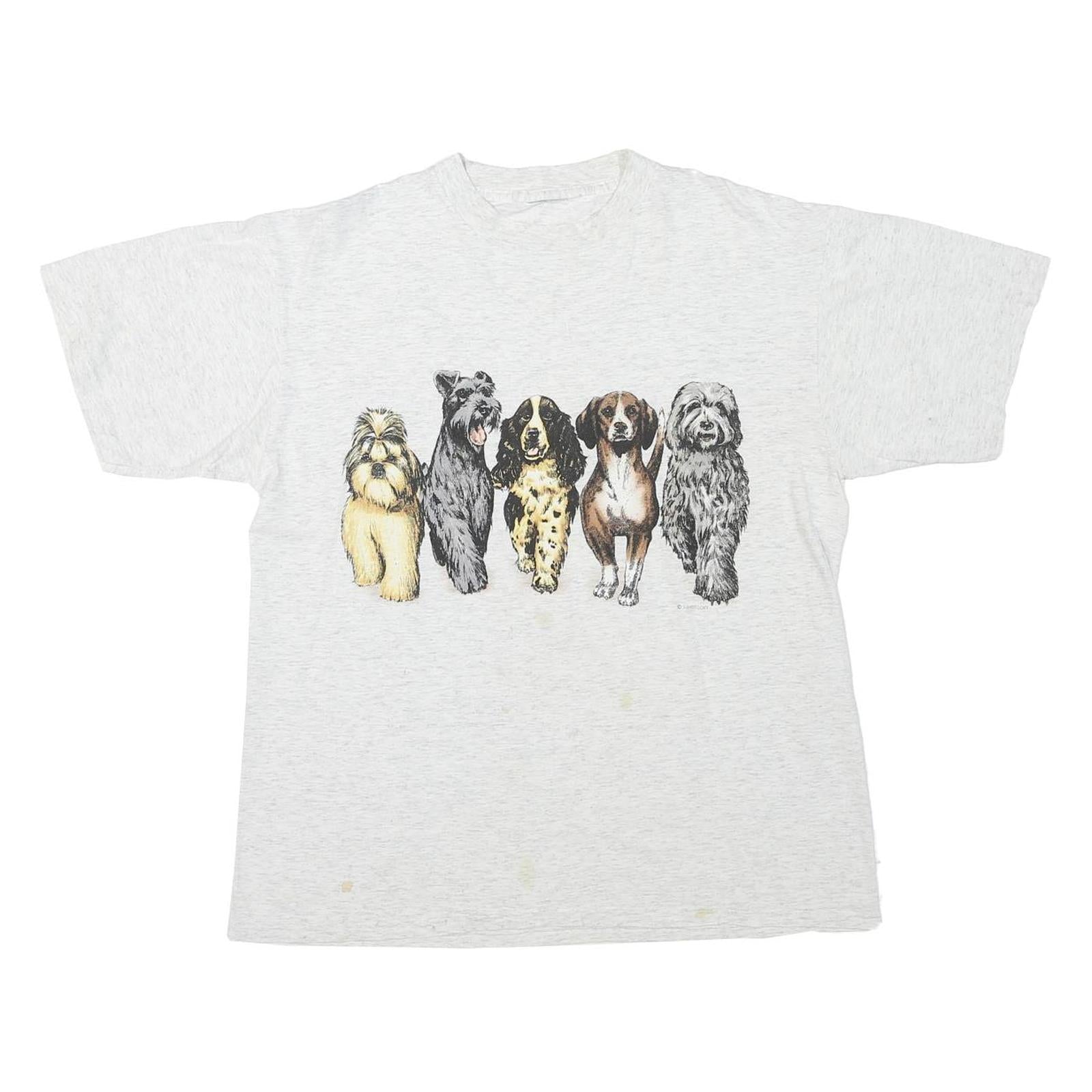 Mens White T-Shirt L Short Sleeve Crew Neck Cute Dog Graphic Print Cotton Blend