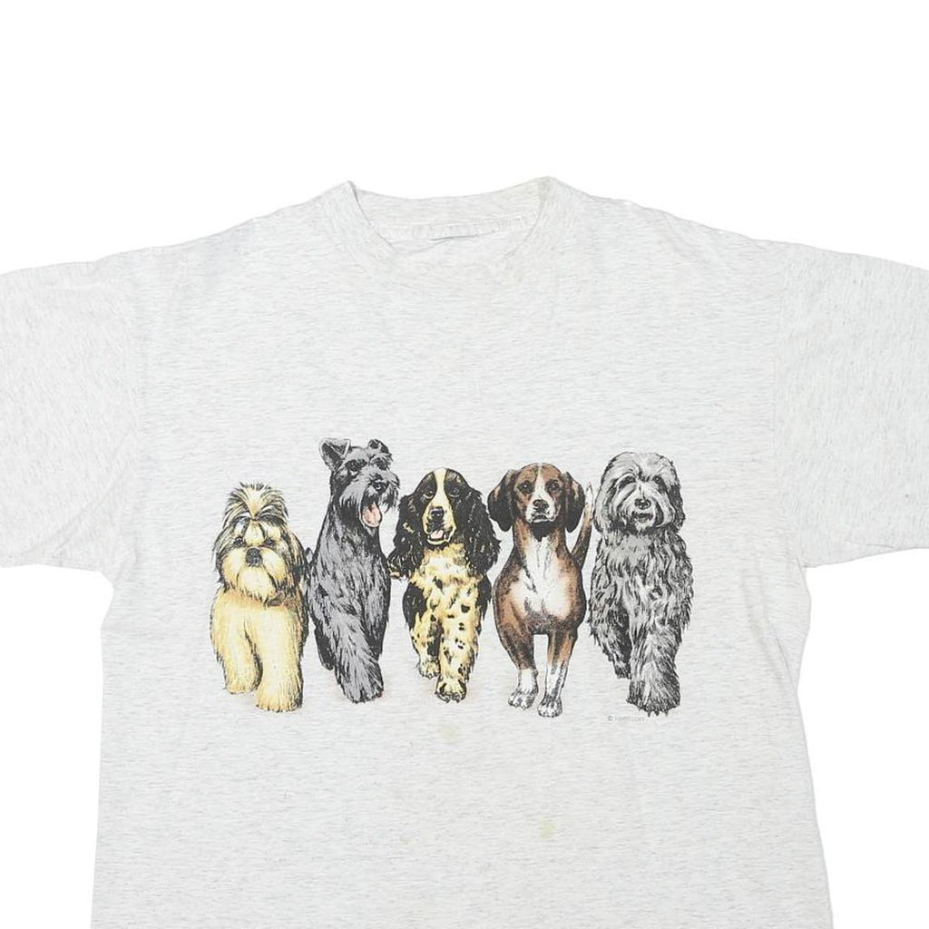 Mens White T-Shirt L Short Sleeve Crew Neck Cute Dog Graphic Print Cotton Blend