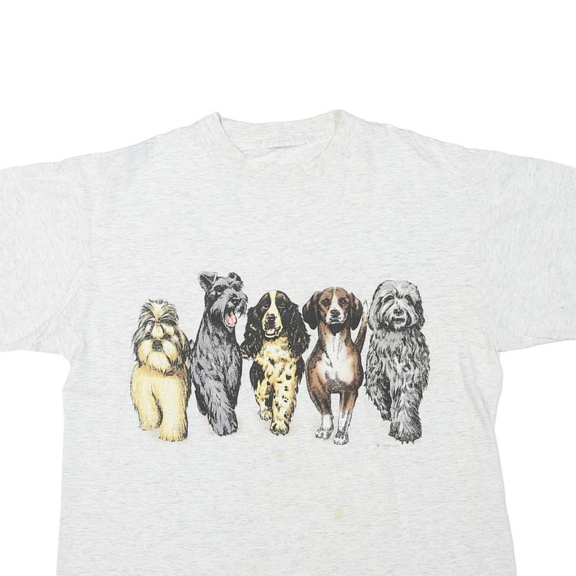 Mens White T-Shirt L Short Sleeve Crew Neck Cute Dog Graphic Print Cotton Blend