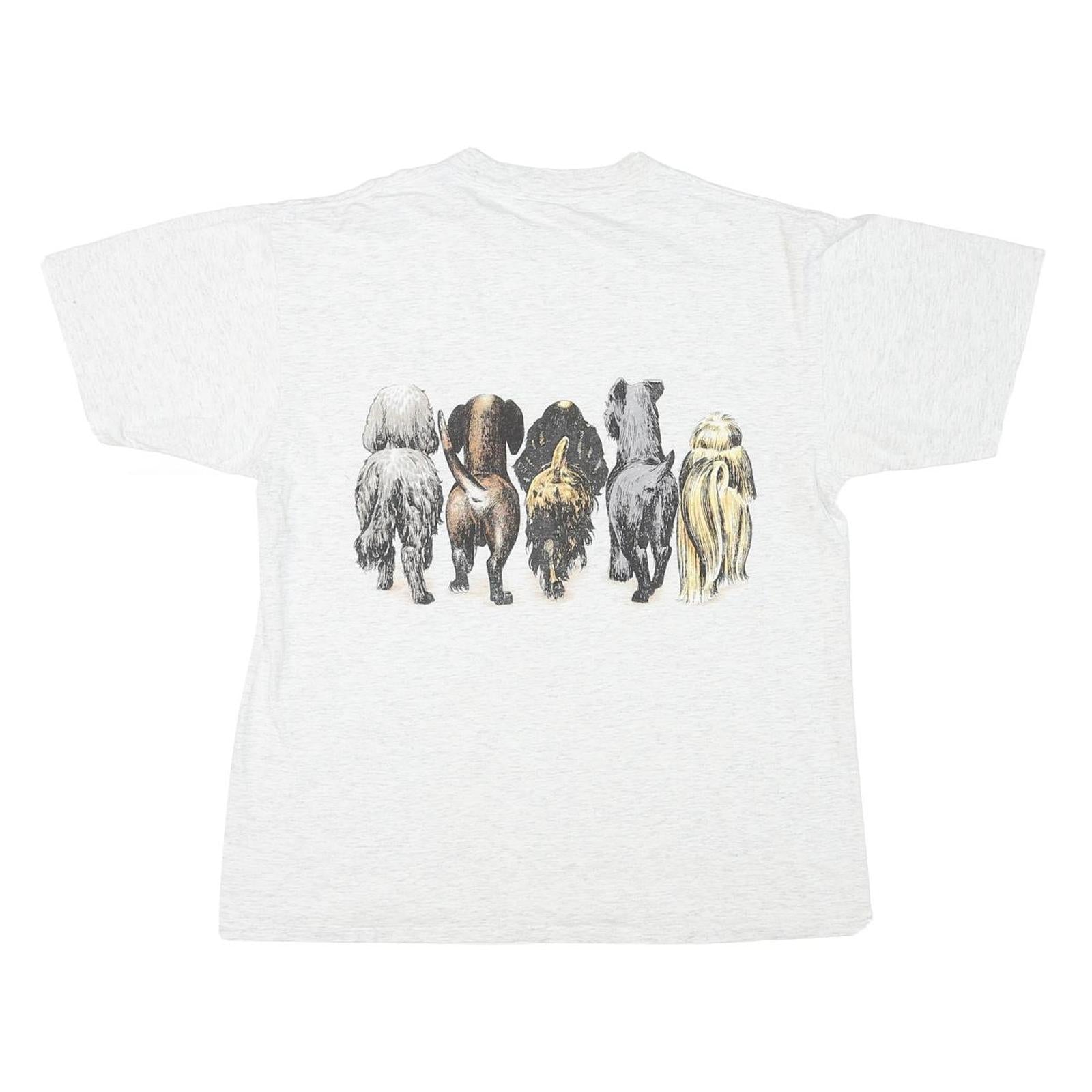 Mens White T-Shirt L Short Sleeve Crew Neck Cute Dog Graphic Print Cotton Blend