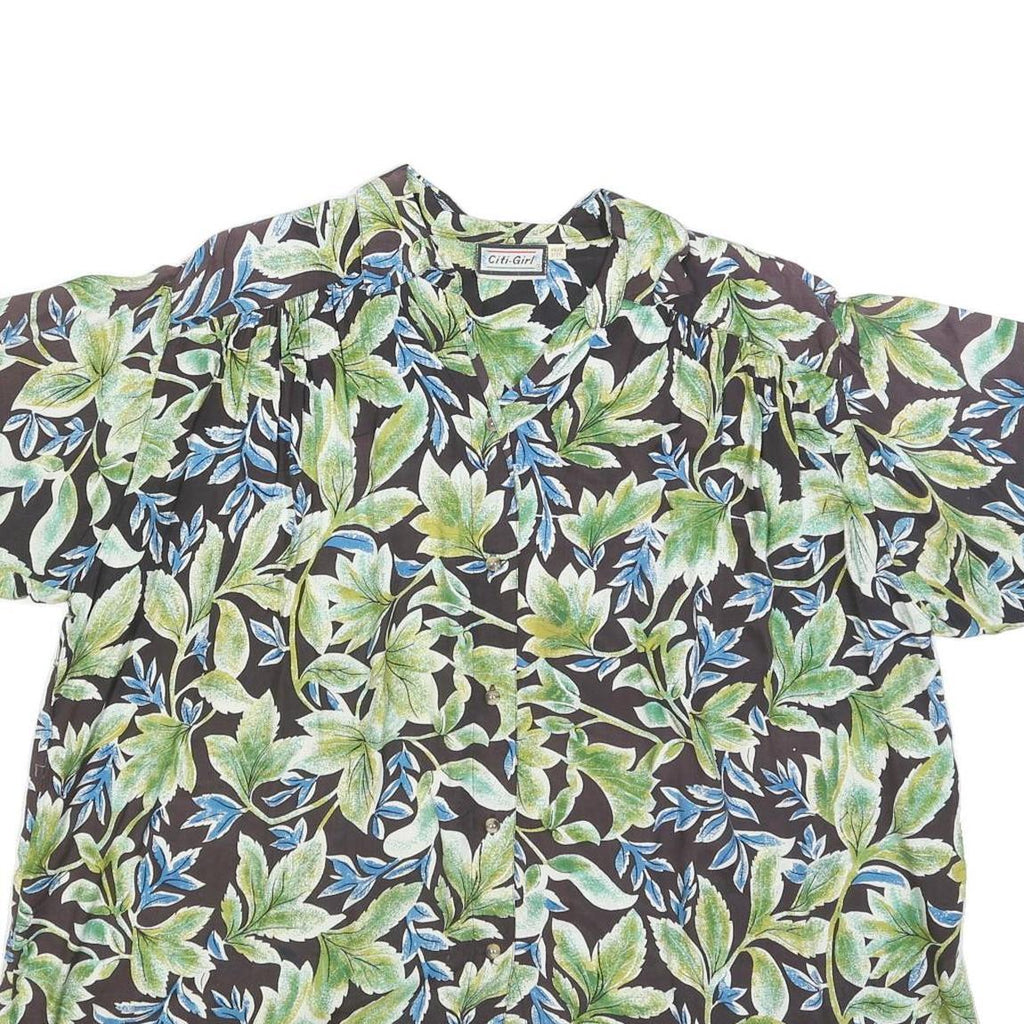 CITI-GIRL Womens Black Green Blue Floral Shirt Short Sleeve V-Neck One Size