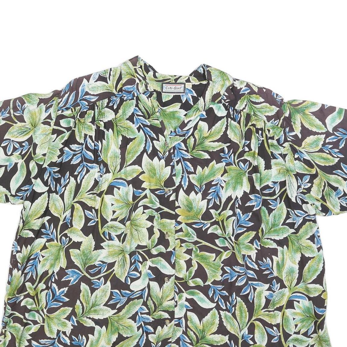 CITI-GIRL Womens Black Green Blue Floral Shirt Short Sleeve V-Neck One Size