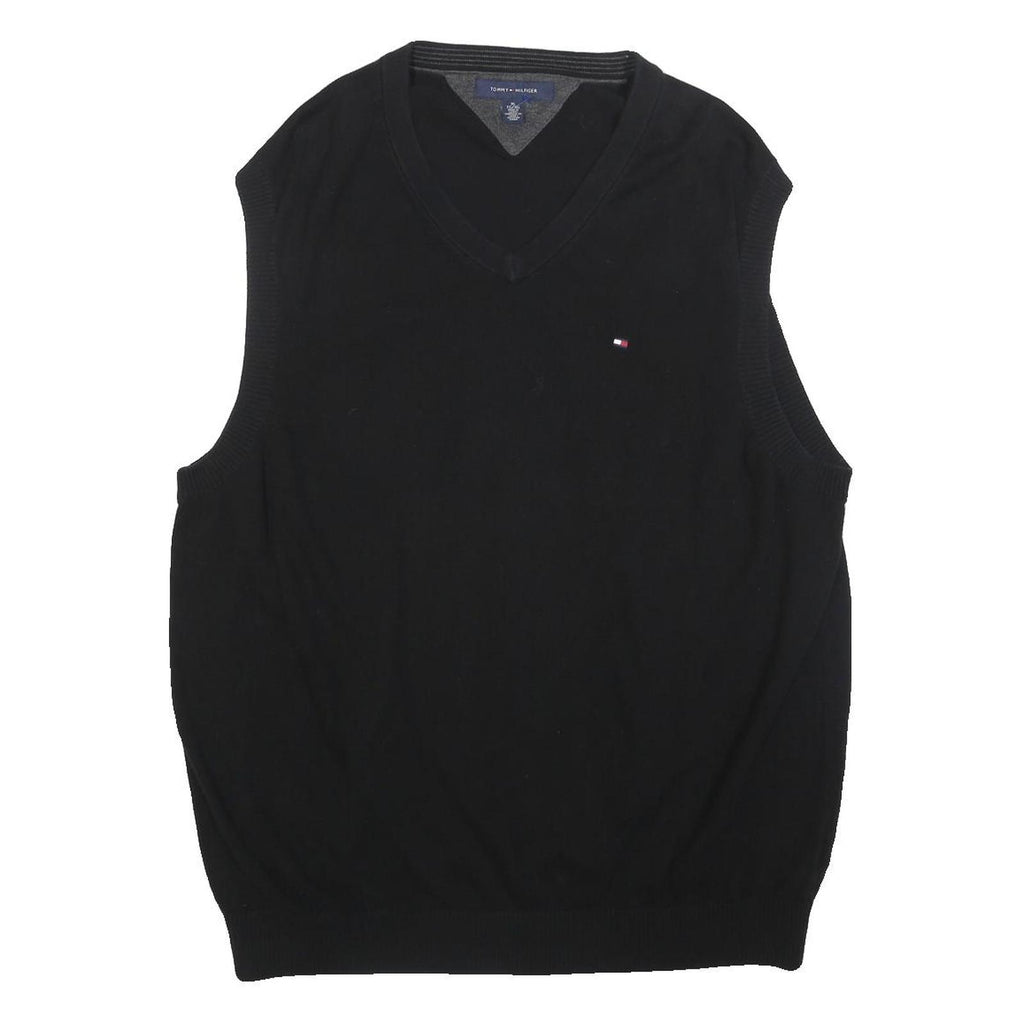 TOMMY HILFIGER Mens Black Plain Cotton Sleeveless V-Neck Jumper XL Classic