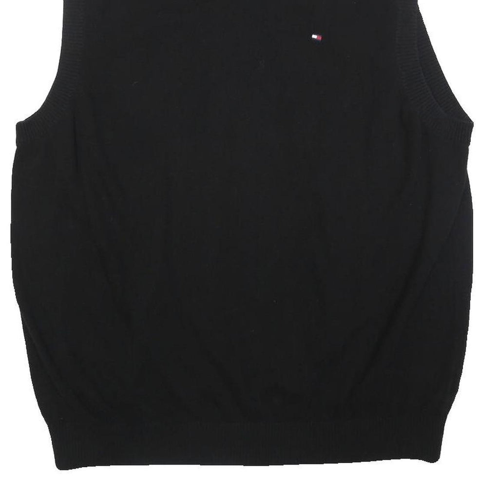 TOMMY HILFIGER Mens Black Plain Cotton Sleeveless V-Neck Jumper XL Classic