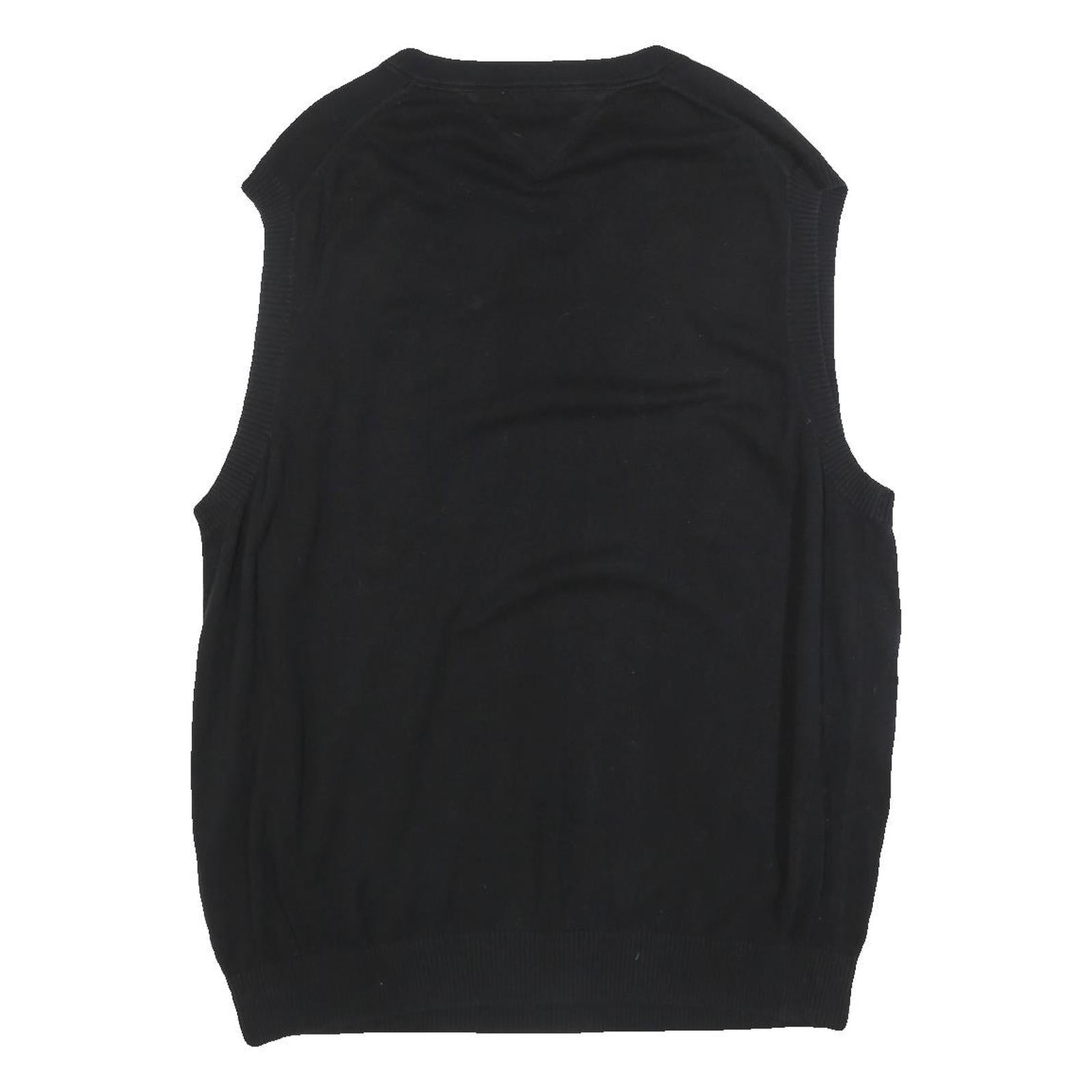 TOMMY HILFIGER Mens Black Plain Cotton Sleeveless V-Neck Jumper XL Classic