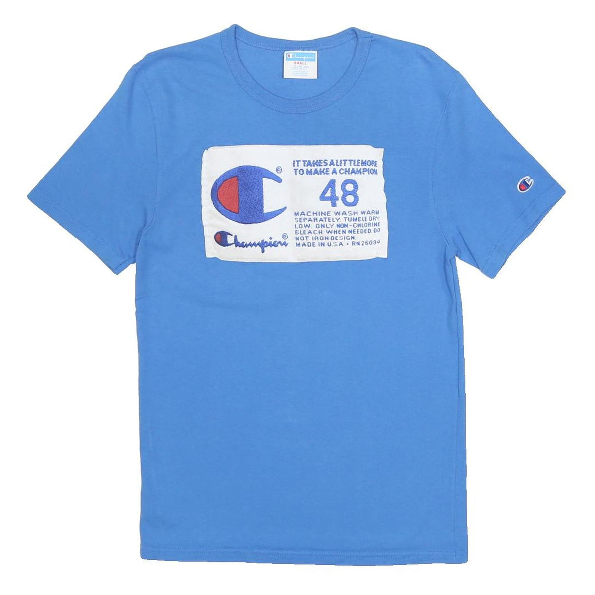 CHAMPION Mens Blue Graphic T-Shirt S Short Sleeve Crew Neck Cotton Casual