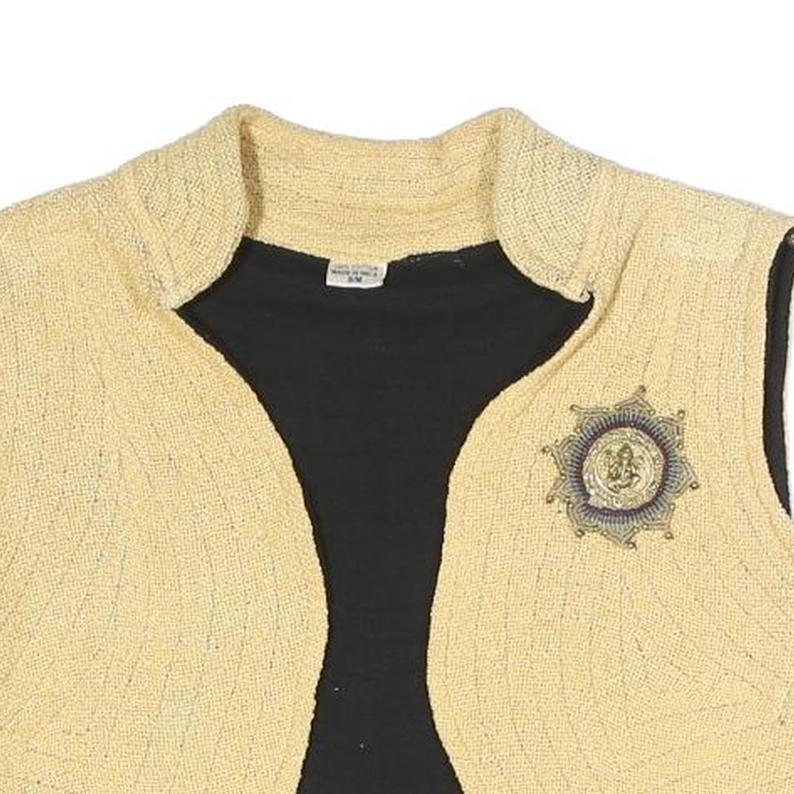 Womens Beige Knitted Sleeveless Jacket S Polyester Blend Plain Unique Brooch