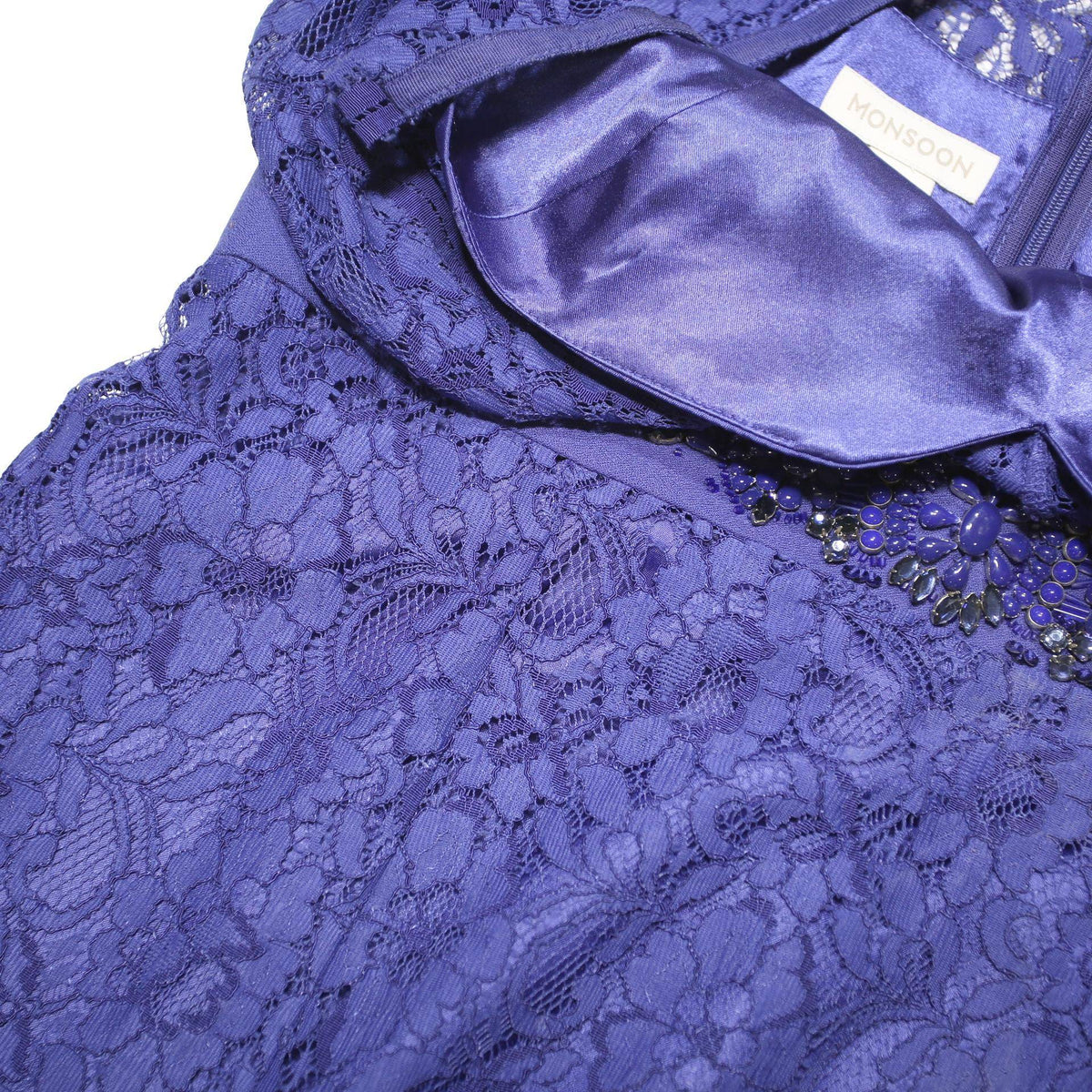MONSOON Womens Purple Lace Fit & Flare Woven Midi Dress UK 14 Embellished Waist