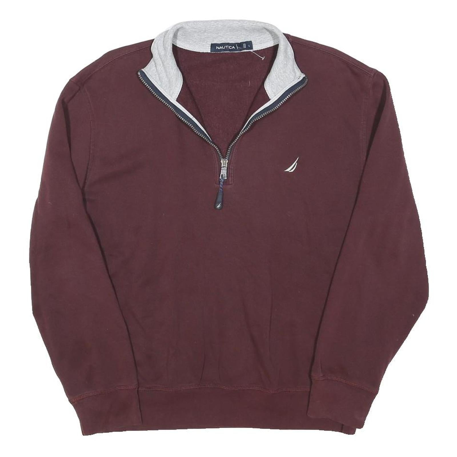 NAUTICA Mens Maroon & Light Grey Plain Pullover Jumper Crew Neck Cotton Blend L