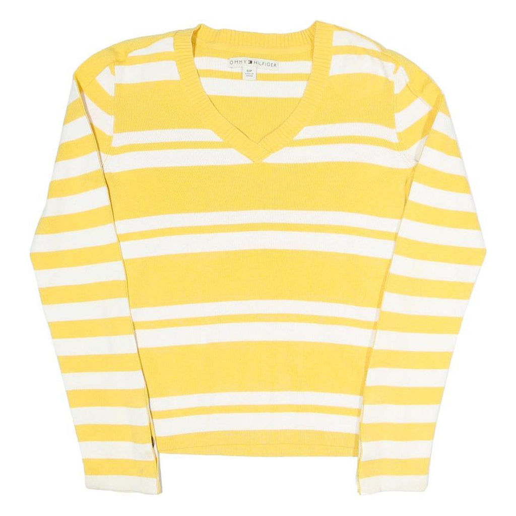 TOMMY HILFIGER Womens Yellow & White Patterned Cotton Blend V-Neck Jumper S
