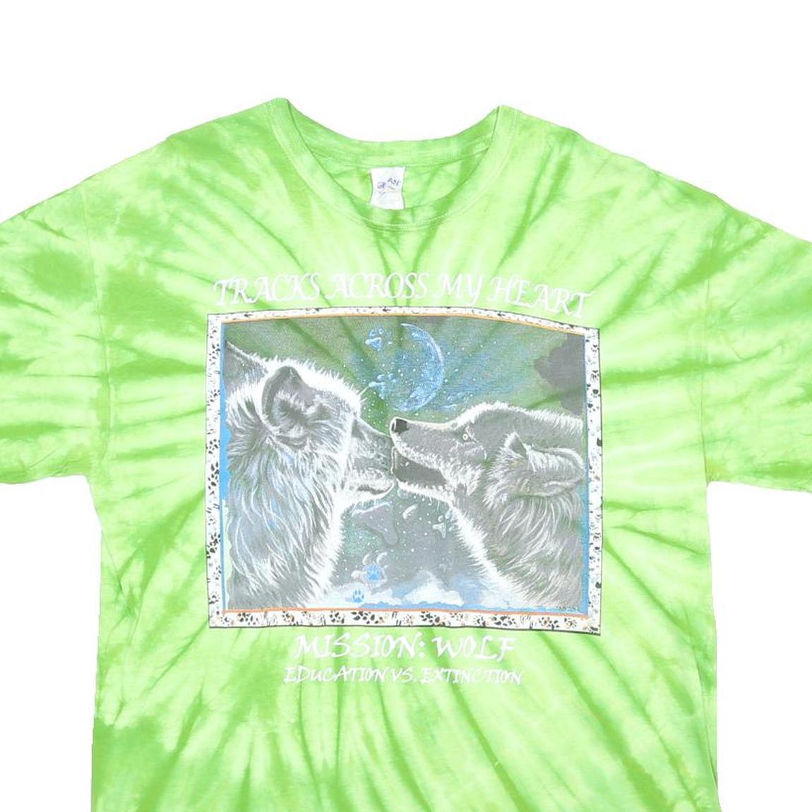 GILDAN Mens Green Tie Dye Wolf Graphic T-Shirt L Short Sleeve Crew Neck Cotton