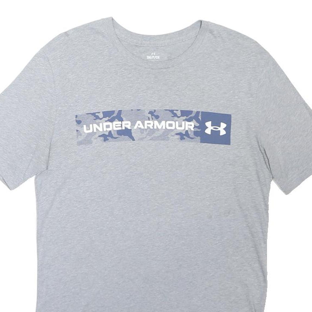 UNDER ARMOUR Mens Grey Blue Graphic T-Shirt S Short Sleeve Crew Neck Cotton