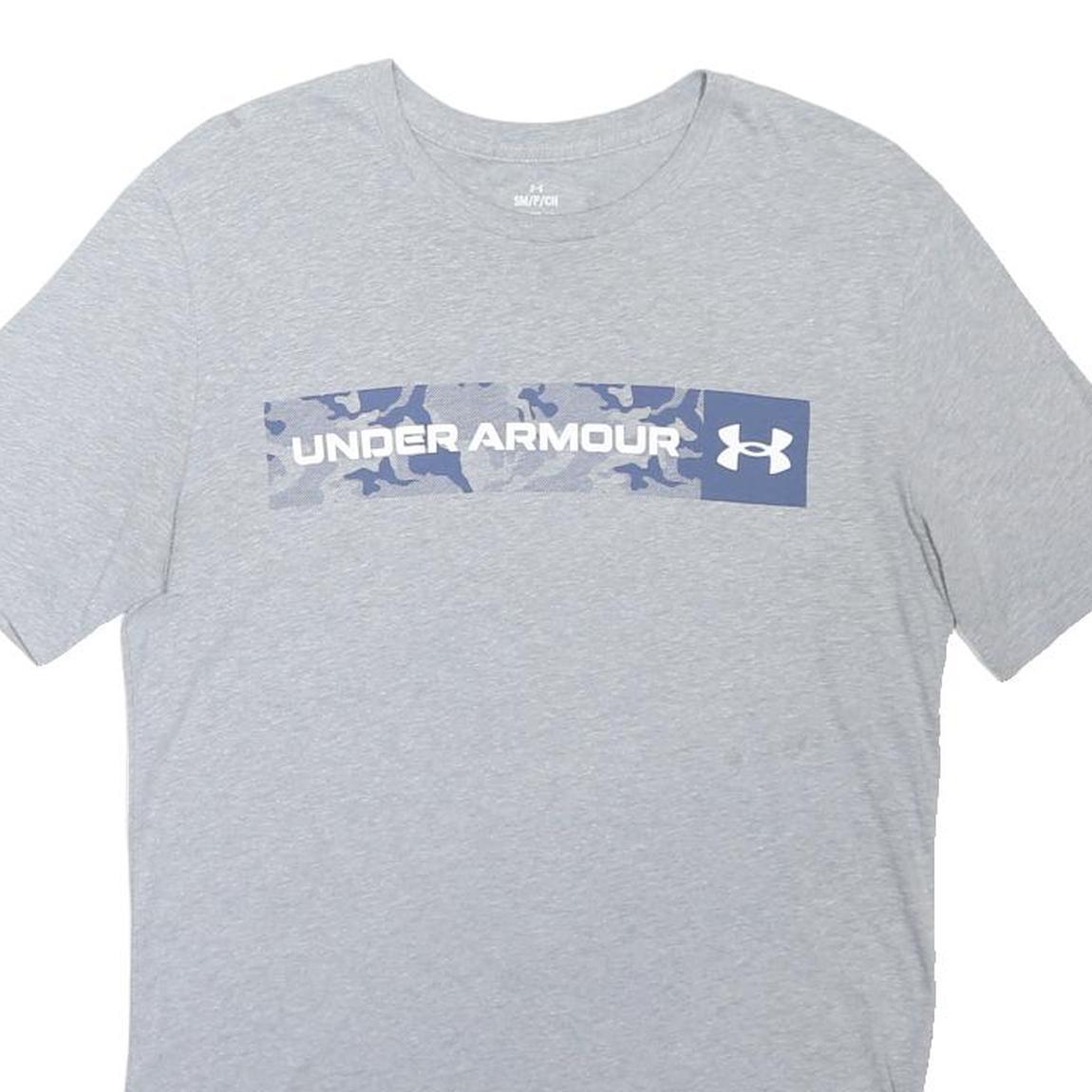 UNDER ARMOUR Mens Grey Blue Graphic T-Shirt S Short Sleeve Crew Neck Cotton