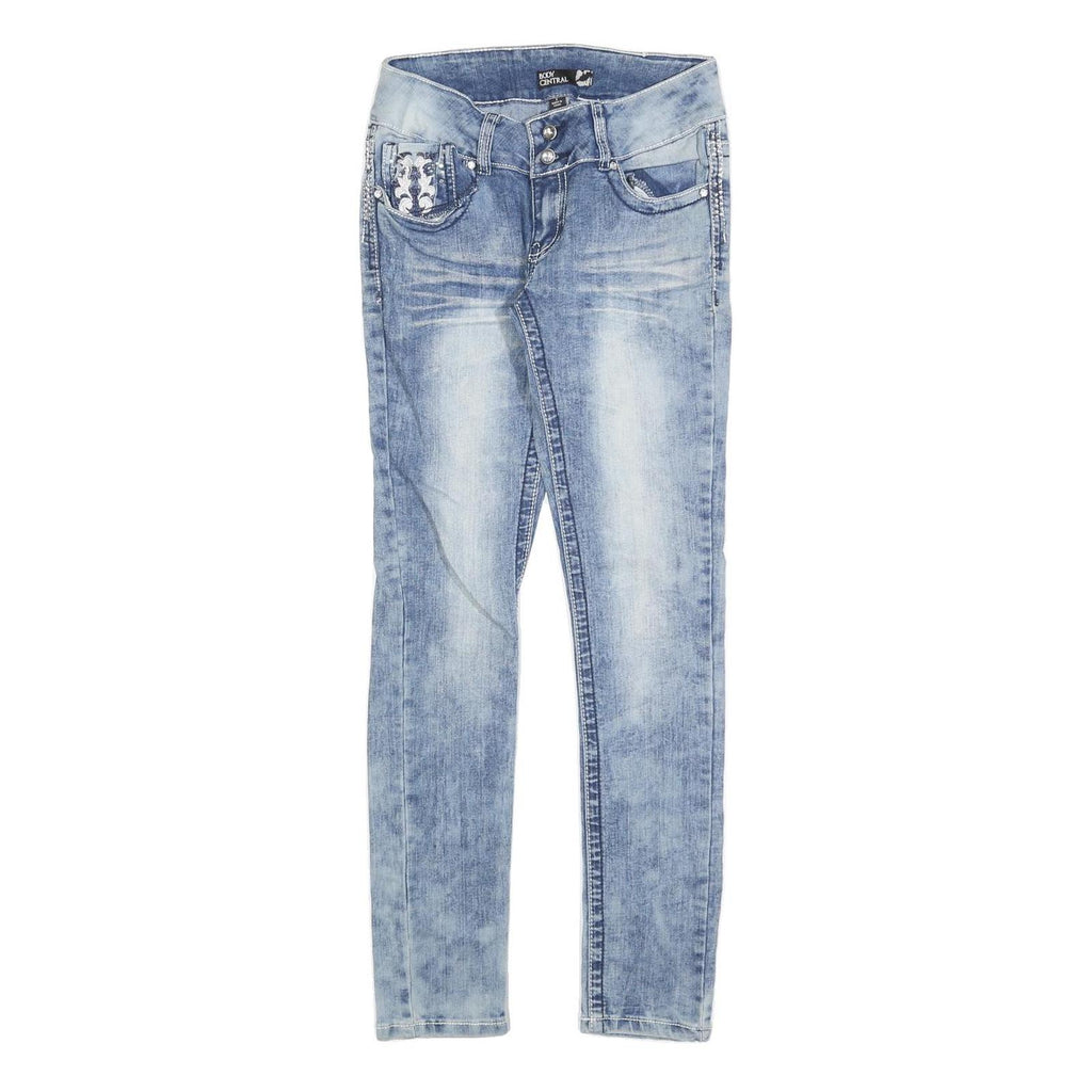 BODY CENTRAL Womens Slim Blue Denim Light Wash Jeans W26 L30 Embroidered Pockets