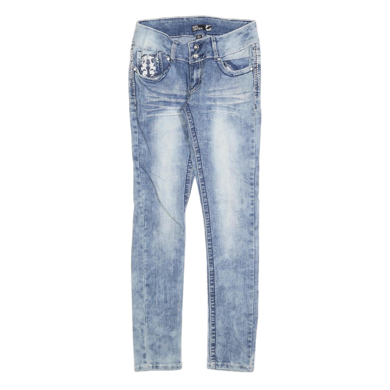 BODY CENTRAL Womens Slim Blue Denim Light Wash Jeans W26 L30 Embroidered Pockets
