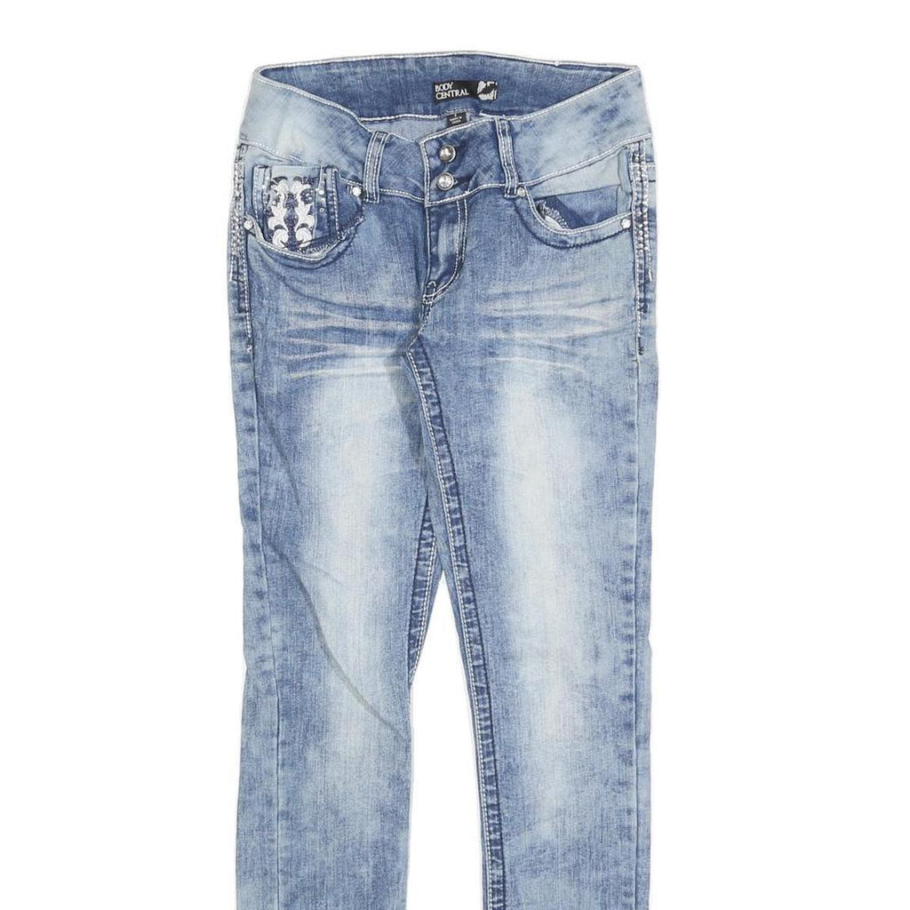 BODY CENTRAL Womens Slim Blue Denim Light Wash Jeans W26 L30 Embroidered Pockets