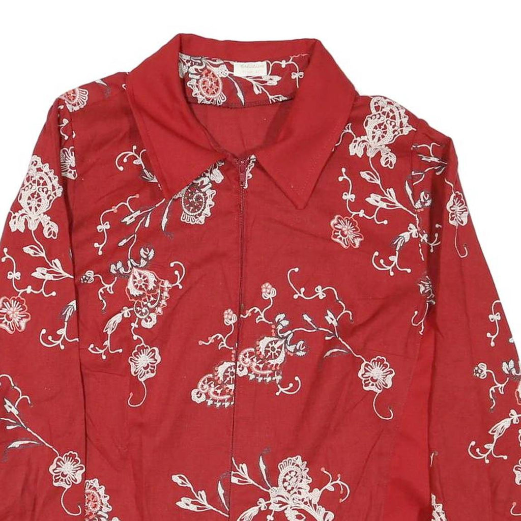 Womens Red & Cream Floral Cotton Zip Jacket M Casual Lightweight