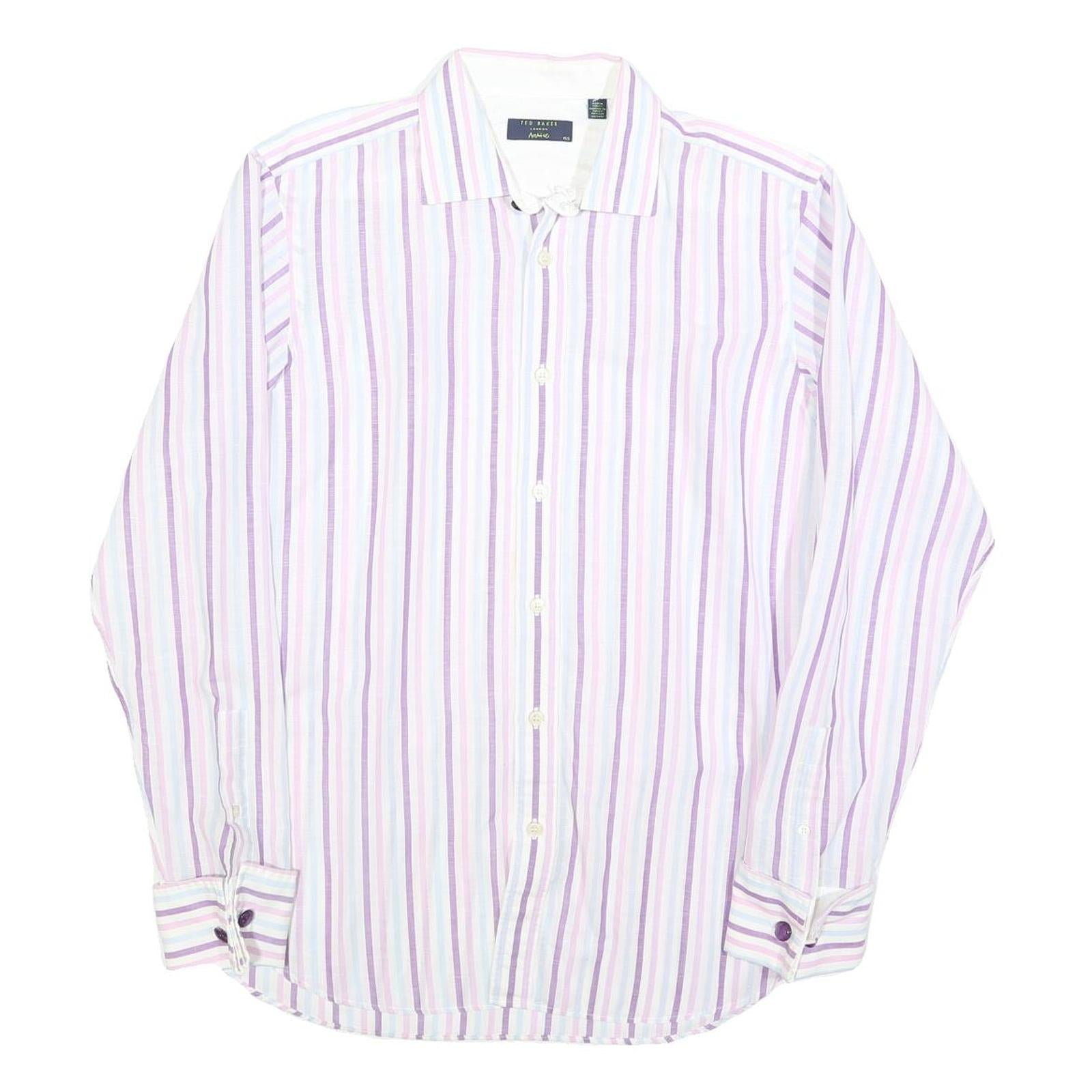 TED BAKER Mens White & Purple Stripe Cotton Blend Shirt M Long Sleeve Button
