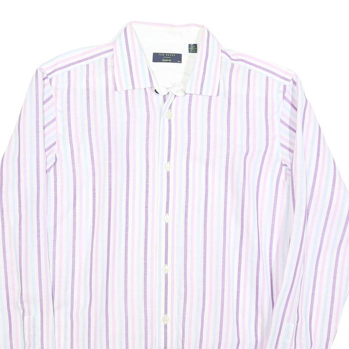 TED BAKER Mens White & Purple Stripe Cotton Blend Shirt M Long Sleeve Button
