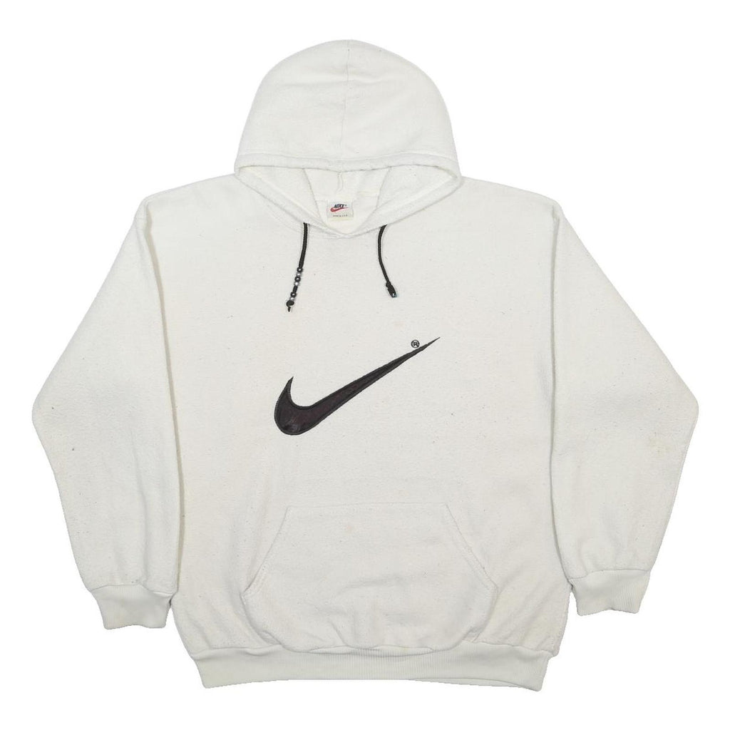 NIKE Mens White Hoodie M Black Swoosh Graphic Pullover Sweatshirt