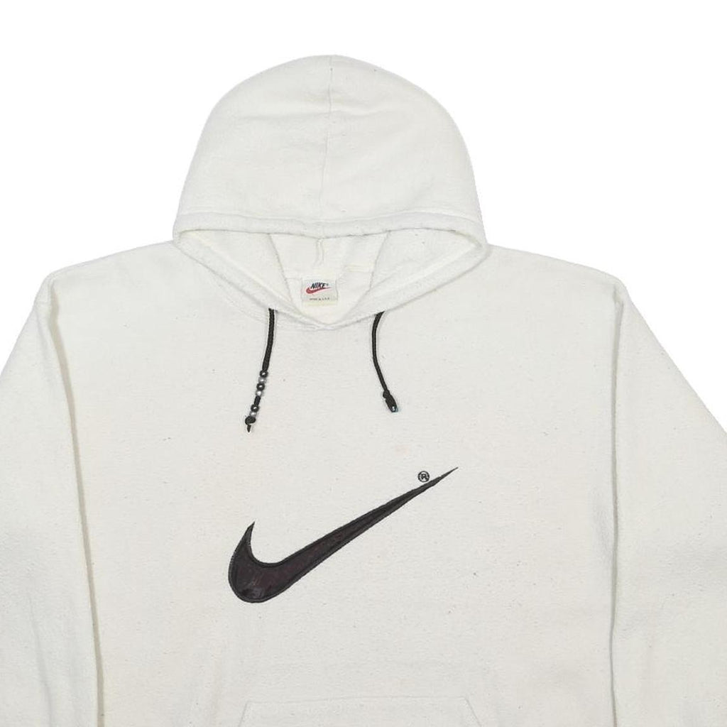 NIKE Mens White Hoodie M Black Swoosh Graphic Pullover Sweatshirt