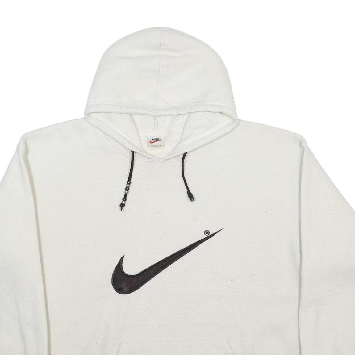 NIKE Mens White Hoodie M Black Swoosh Graphic Pullover Sweatshirt