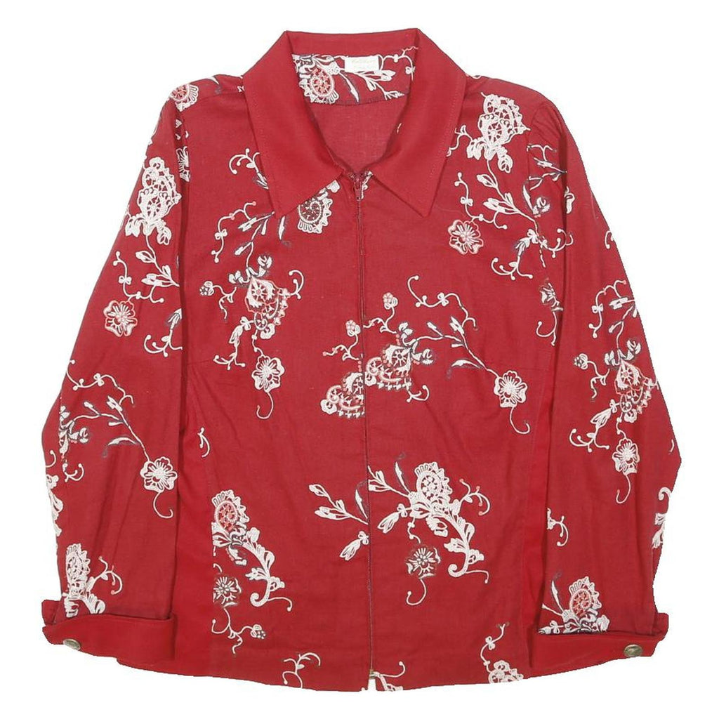 CREATION BY FRIEDA KALIN Womens Red Floral Print Zip Cotton Blend Jacket L