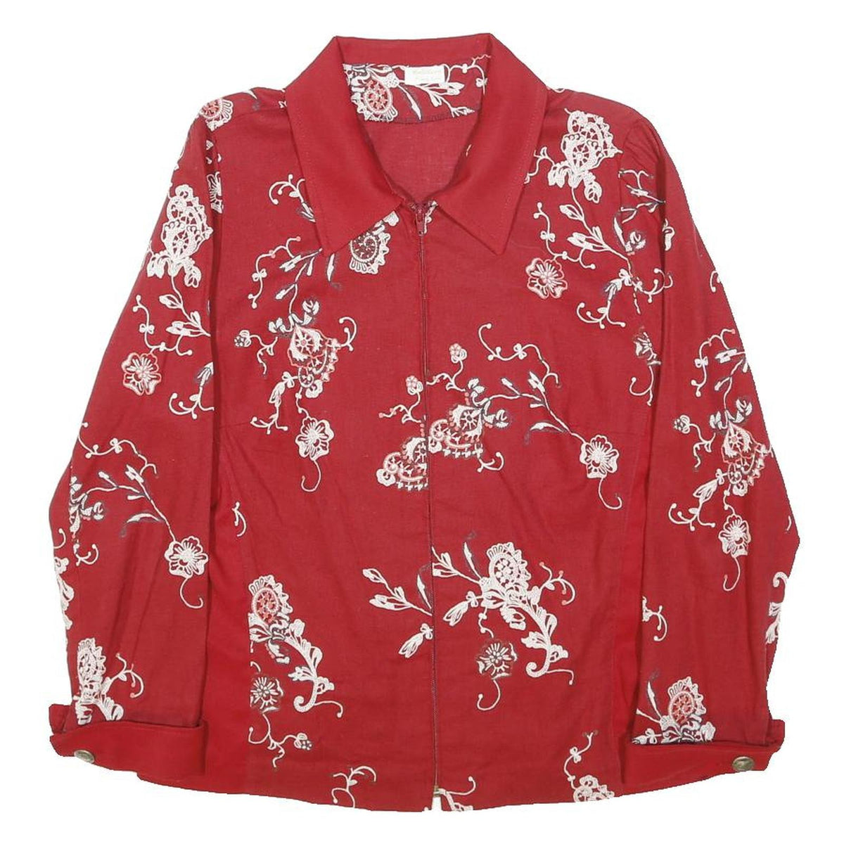 CREATION BY FRIEDA KALIN Womens Red Floral Print Zip Cotton Blend Jacket L